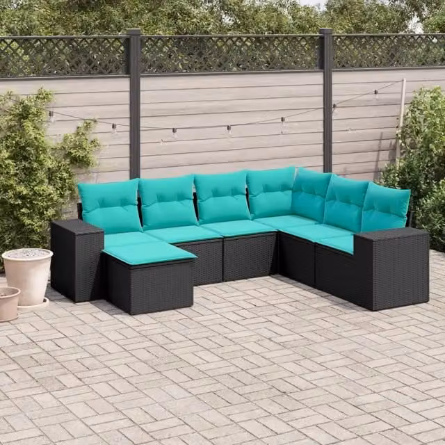 Set Divani da Giardino 7 pz con Cuscini Nero in Polyrattan 3222896