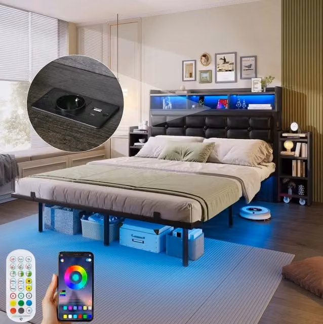 Letto matrimoniale 140x190 cm grigio con LED, ricarica USB/USB-C e comodini estraibili