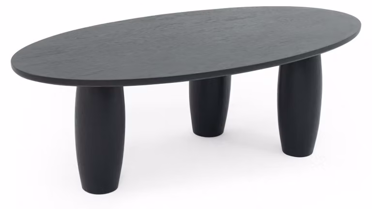 Tavolo da pranzo moderno, nero, dal design distintivo, con una struttura semplice e ben definita
