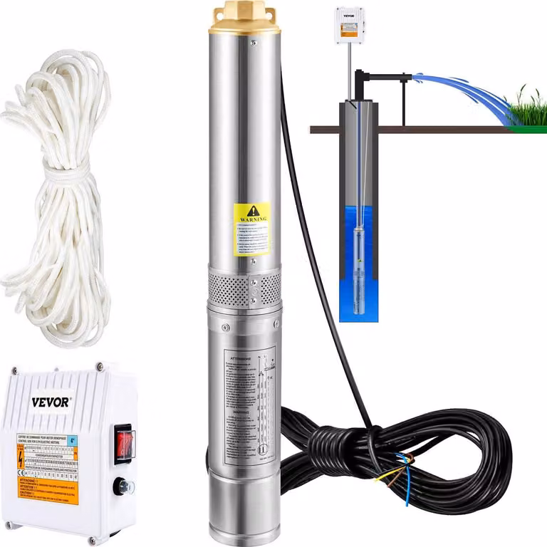 Pompa sommergibile profonda – con quadro elettrico esterno e cavo di alimentazione da 20 metri – dotata di valvola di non ritorno e filtro – portata: 190 litri/minuto