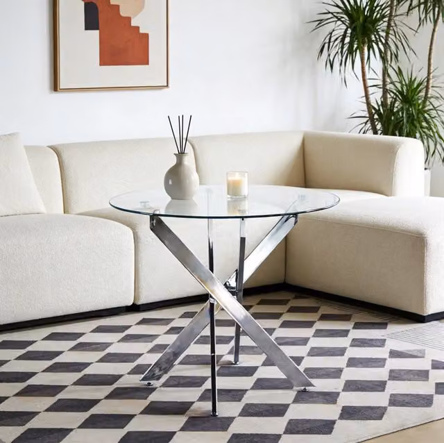 Tavolo da pranzo rotondo 80x80x75 cm con piano in vetro temperato e gambe in metallo cromato argentato