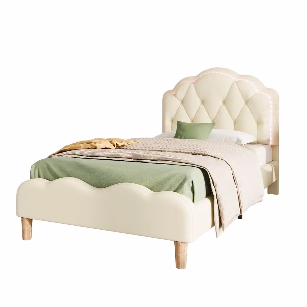 Letto singolo imbottito Minimal beige in similpelle con illuminazione LED e rete a doghe L/P/H: 206.5 x 90 x 107.5 cm – 2