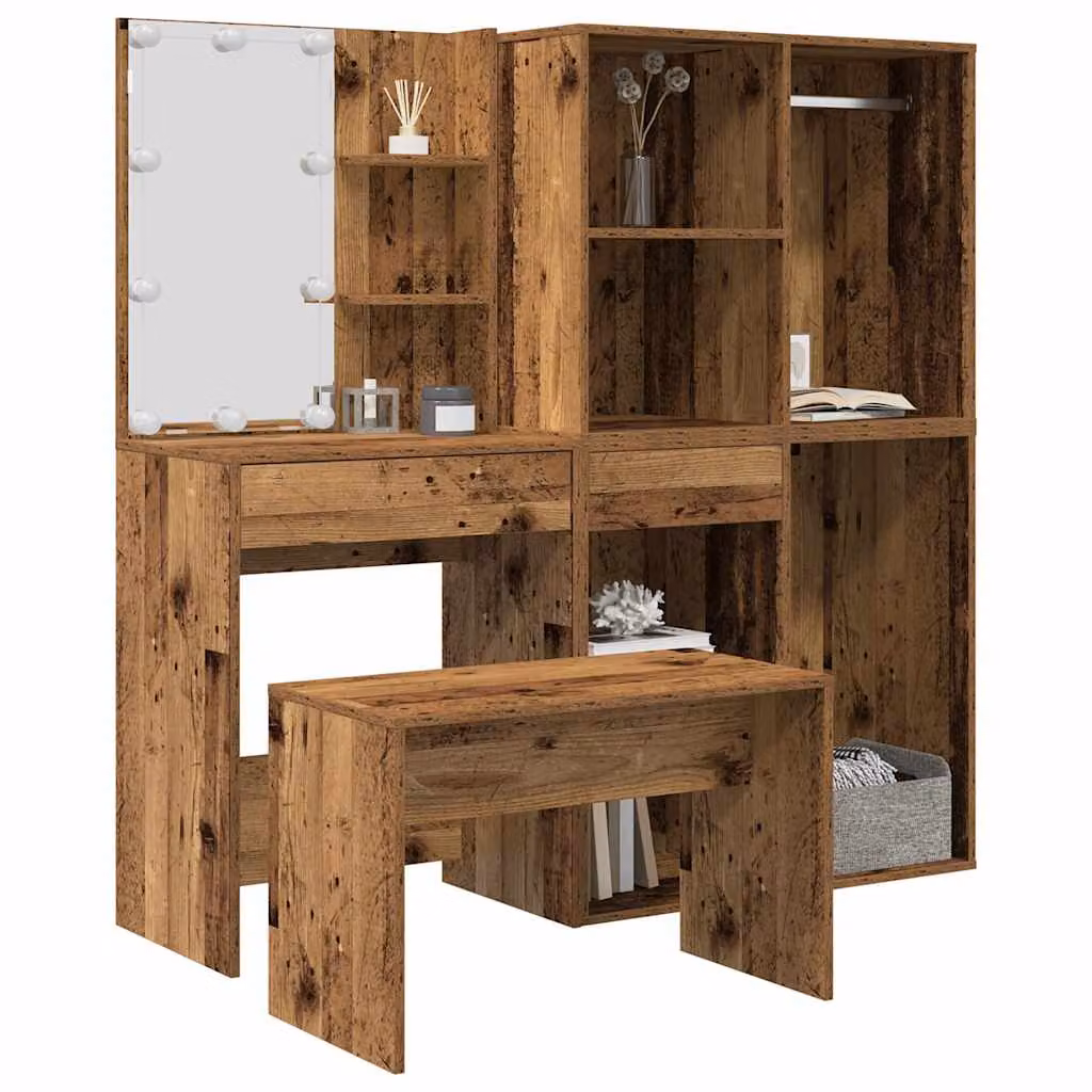 Set Tavolo da Toeletta con LED vidaXL in Legno Antico Marrone, L: 140 cm, P: 40 cm, H: 60 cm