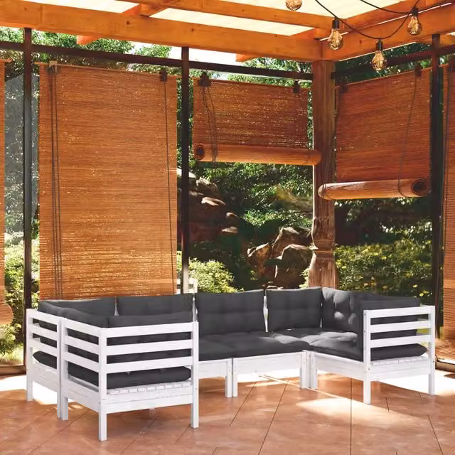 Set Divani da Giardino 6 pz con Cuscini Bianchi Legno di Pino 3097296