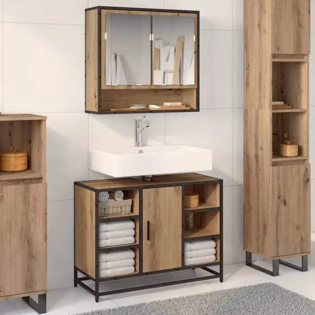 Set di mobili per il bagno moderno vidaXL composto da mobile sottolavabo e armadietto con specchio in legno e metallo color rovere e nero L/P/H: 80 x 39,35 x 60 cm – 1