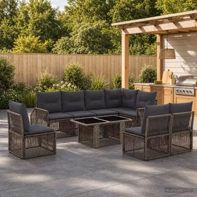 Set Divano da Giardino vidaXL 9 Pezzi a Forma di U in Polyrattan Grigio e Antracite con Cuscini e Tavolino – 1