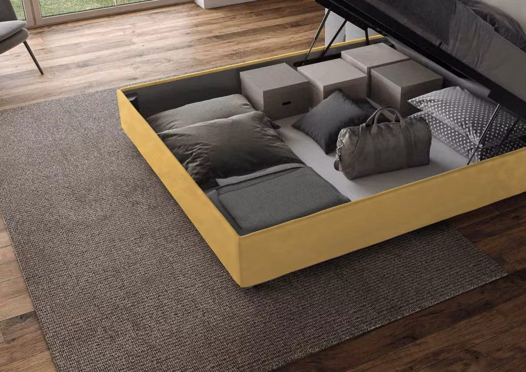 Letto matrimoniale king size con contenitore BS COM imbottito in microfibra colore giallo L: 170 cm, P: 210 cm, H: 106 cm – 2