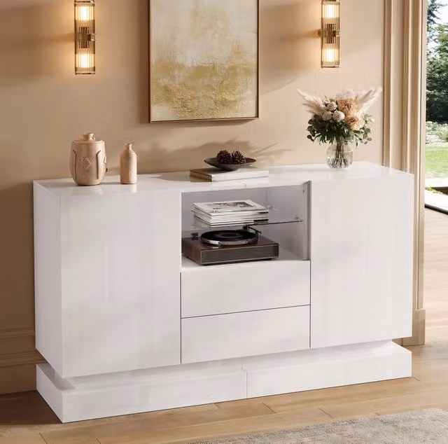 Credenza moderna con LED controllabile tramite app; 140x40x80 cm; bianca lucida