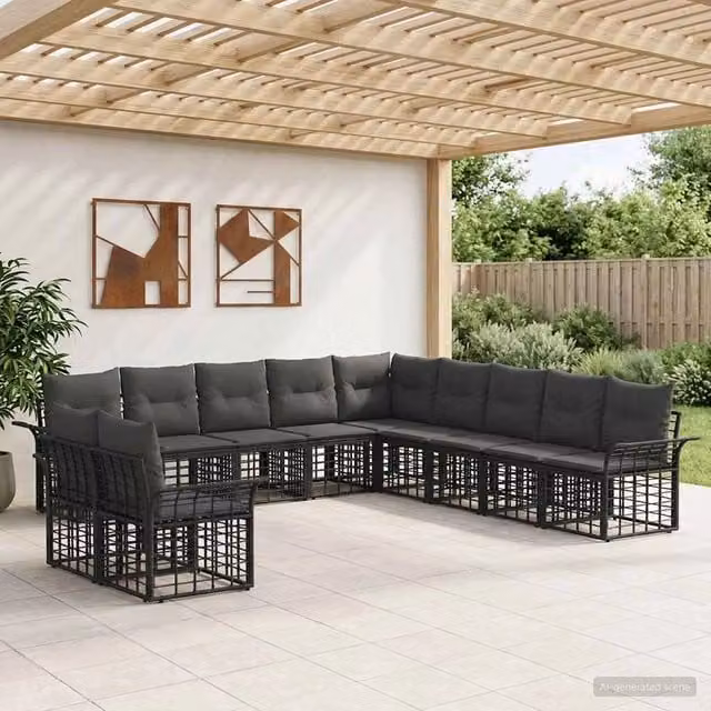 Set di divani da esterno 11 pz Nero e Grigio scuro Poliestere 3437723