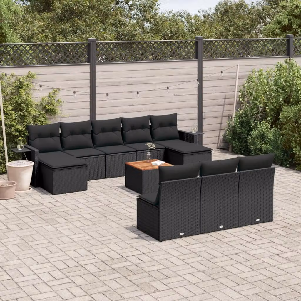 vidaXL Set Divani da Giardino 11 pz in Polyrattan Nero con Cuscini e Tavolino da Esterno – 1