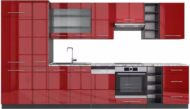 Cucina componibile moderna Vicco Fame-Line Bordeaux lucido e Antracite, L: 355 cm
