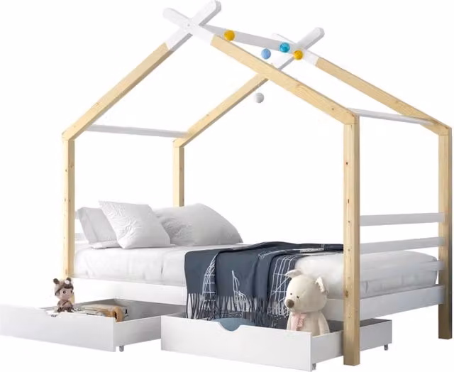 Letto per bambini in legno di pino e MDF bianco con cassetti, stile scandinavo, L/P/H: 200 x 90 x 120 cm