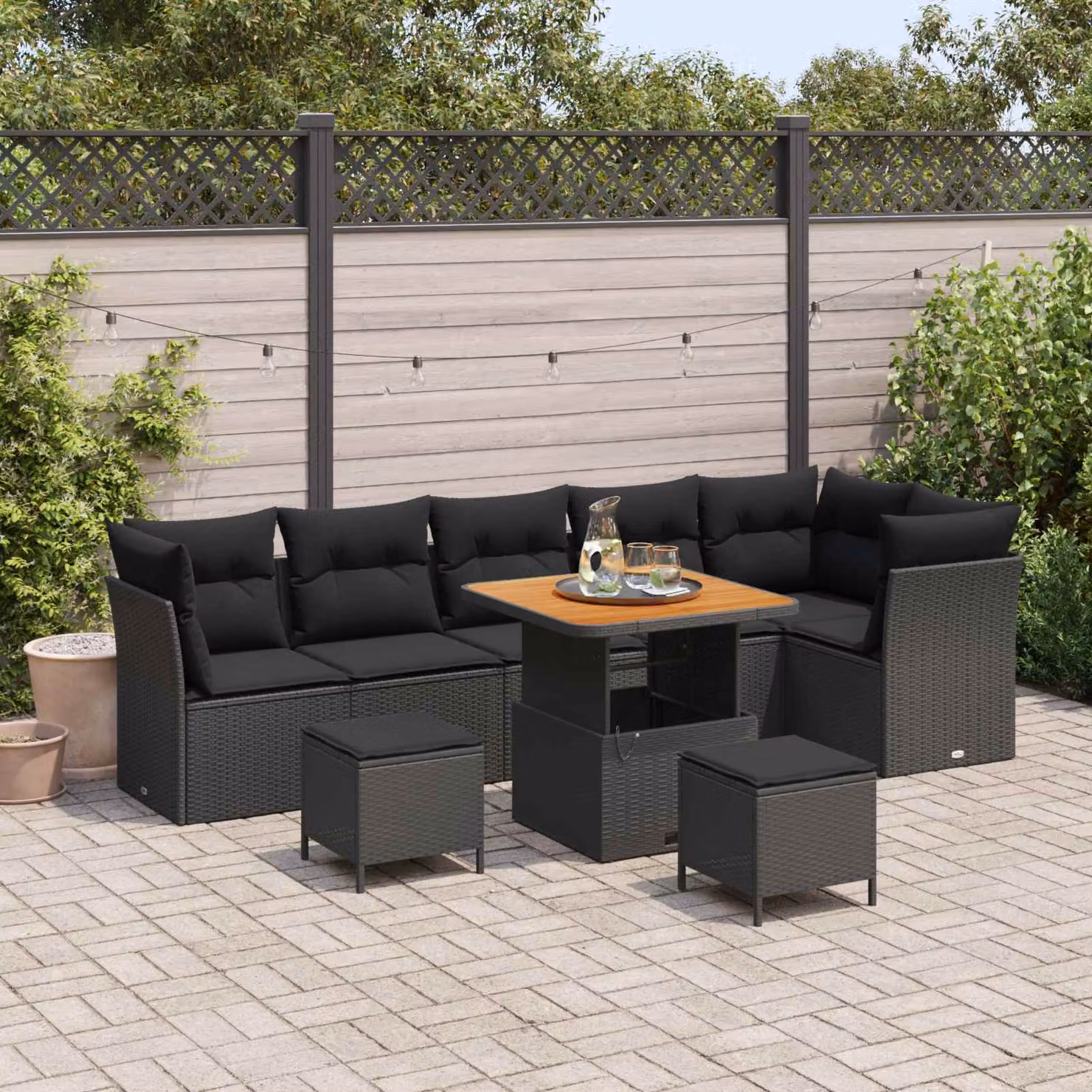 Set Divano da Giardino vidaXL a L con 9 Pezzi, 6 Posti, Nero con Cuscini e Contenitore per Archiviazione – 1