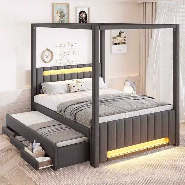 Letto a baldacchino imbottito 140x200 cm con letto estraibile; 3 cassetti e LED; grigio