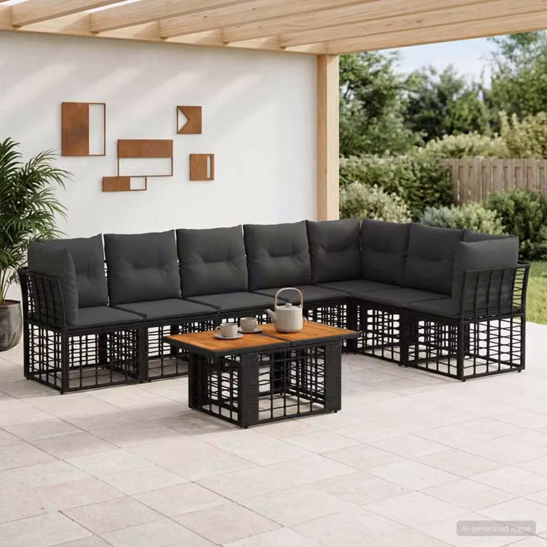 Set Divano da Giardino vidaXL a Forma di L in Polyrattan con Tavolino e Cuscini, Nero e Grigio