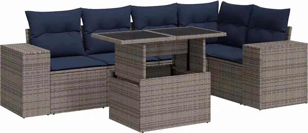 Set Divano da Giardino 6 pz con Cuscini Nero Polyrattan Acacia