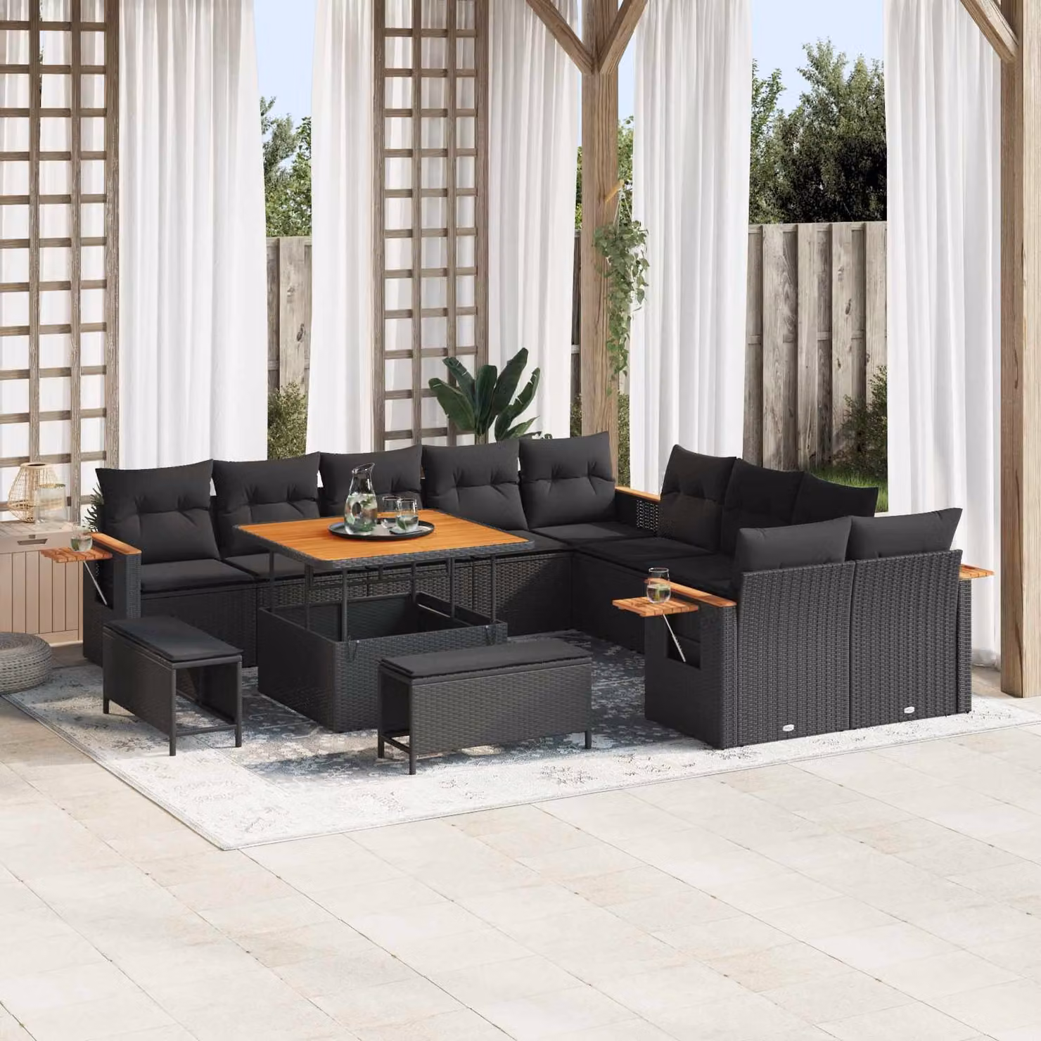 Set Divano da Giardino Moderno vidaXL 13 pz in Polyrattan Nero con Cuscini e Tavolino – 1