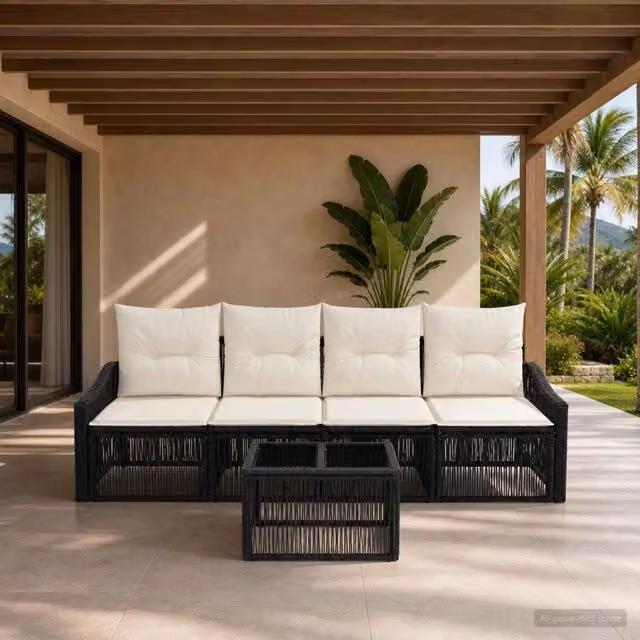 Set da giardino vidaXL composto da 5 pezzi in rattan nero con struttura in acciaio e cuscini inclusi