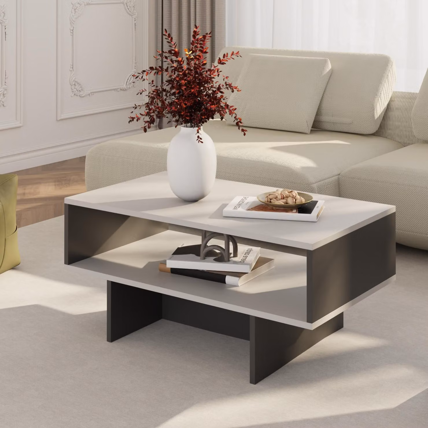 Tavolino Mjölby Tavolino 36,4 x 80 x 45 cm Tavolo da soggiorno Tavolo rettangolare da divano bianco / antracite