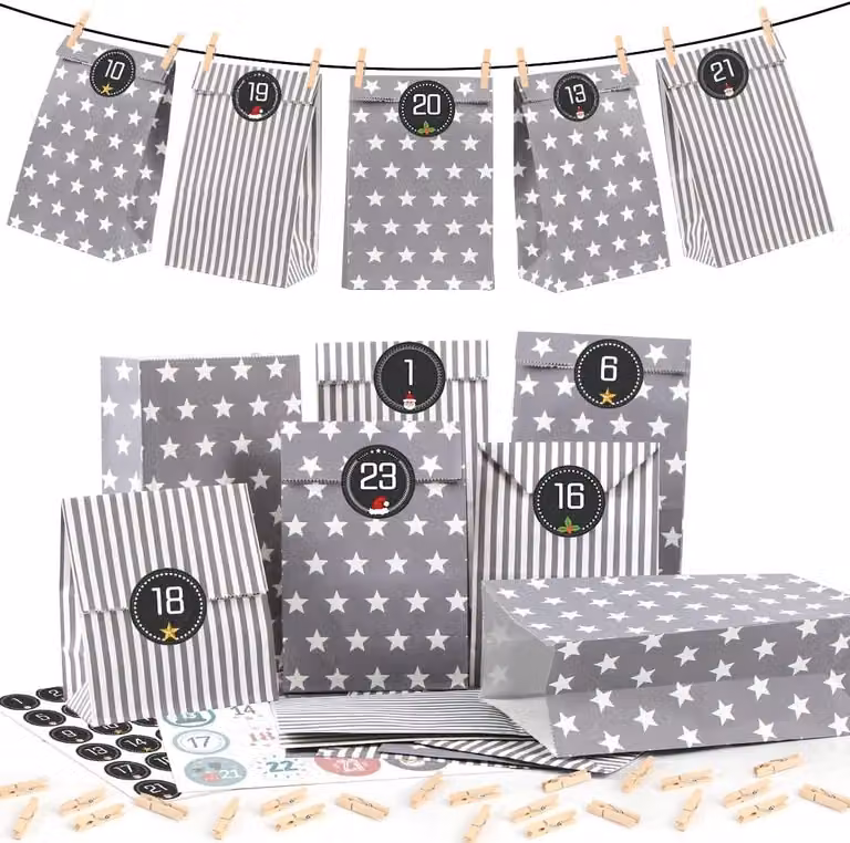 Calendario dell'Avvento da riempire - Grigio - 25 sacchetti di carta per il calendario dell'Avvento con adesivi numerati - Calendario di Natale fai-da-te da riempire