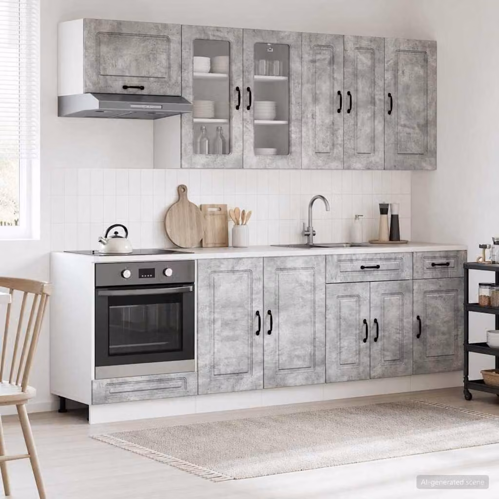 vidaXL Unità Cucina KALMAR 8 Pezzi Grigio Cemento in Legno Ingegnerizzato e MDF con Ante in Vetro