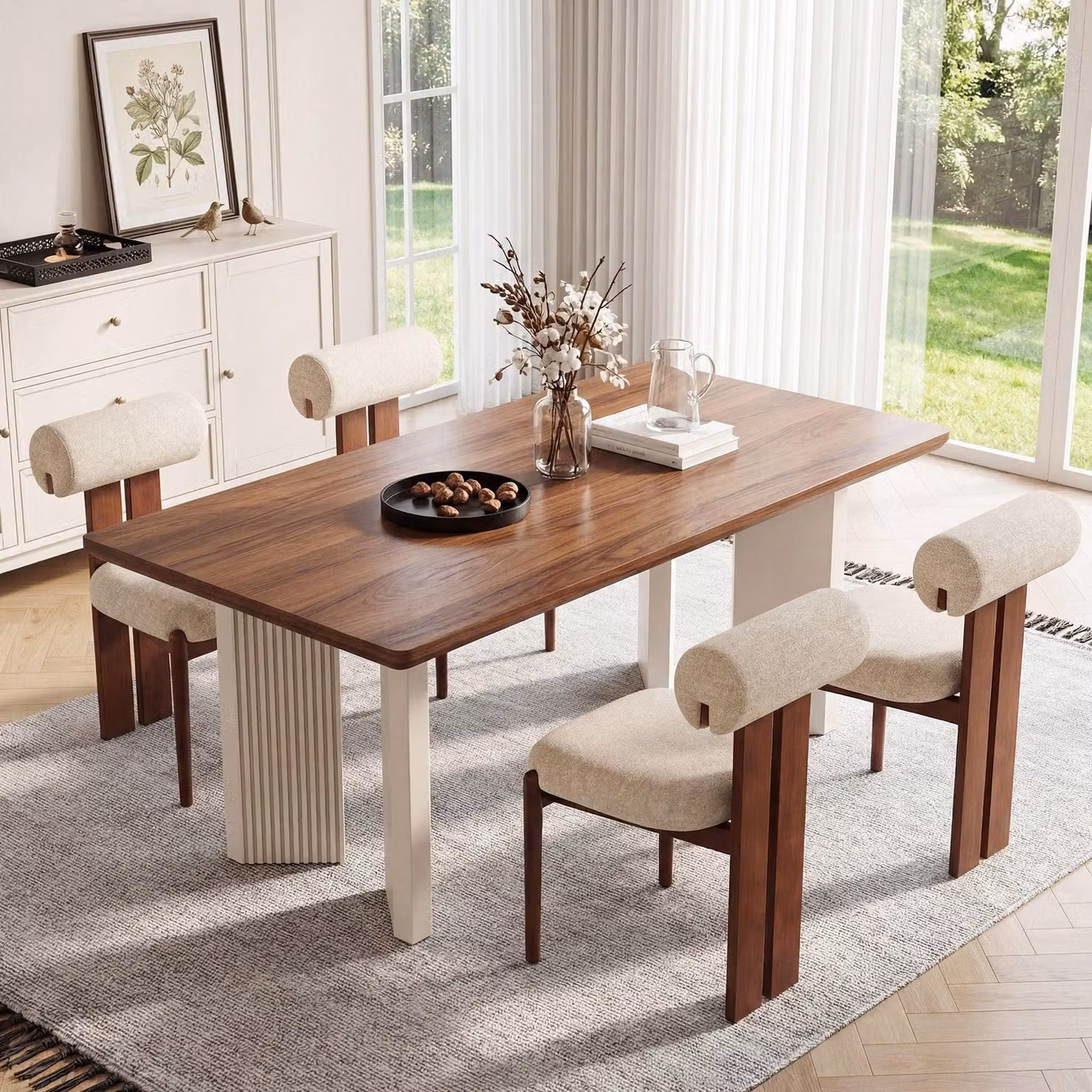 Set di 4 sedie da pranzo con schienale cilindrico, struttura in legno, design moderno, adatte per cucina e sala da pranzo, colore beige