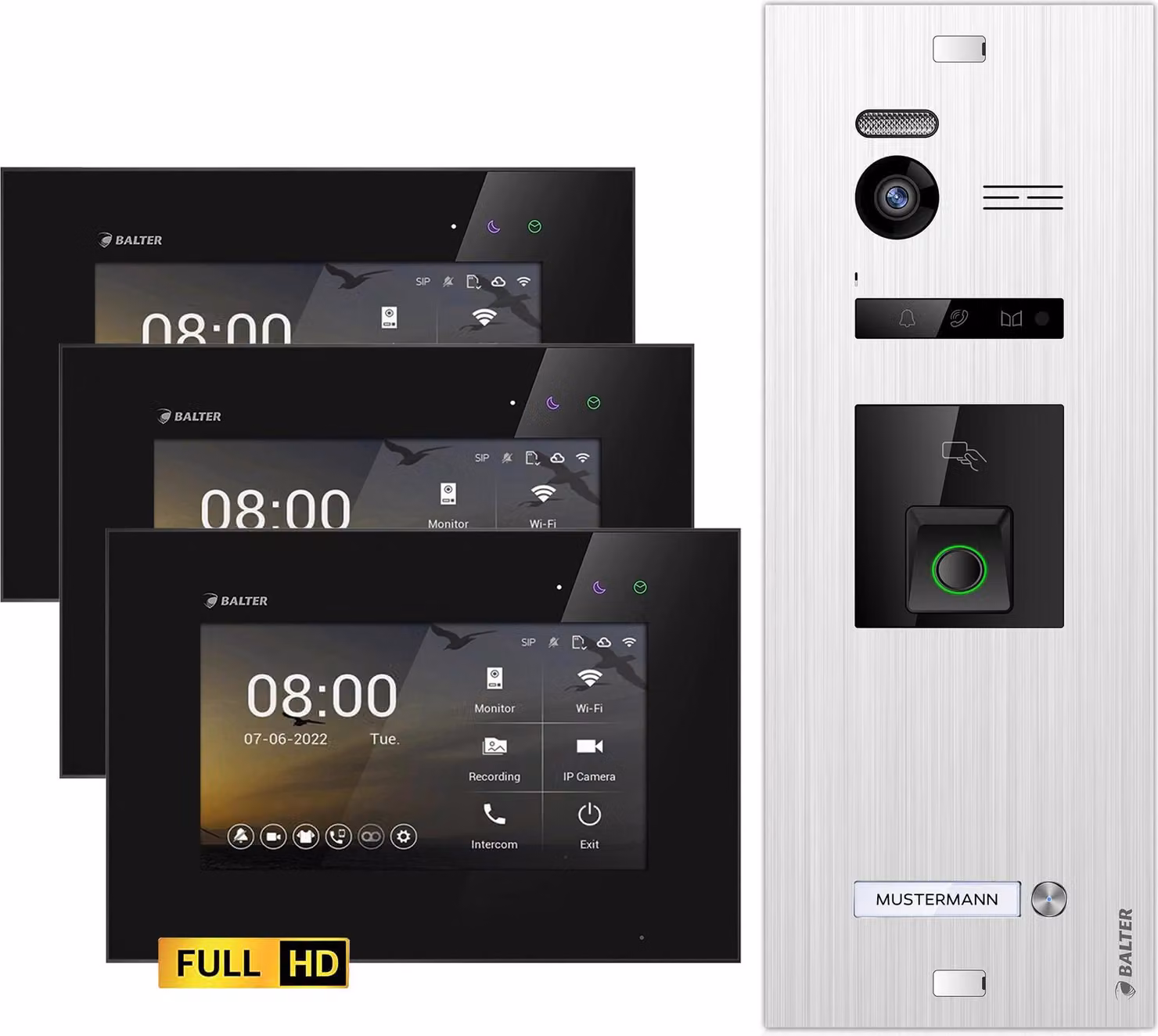 Videocitofono Balter EVO HD con lettore di impronte digitali e RFID per casa unifamiliare, 3 monitor