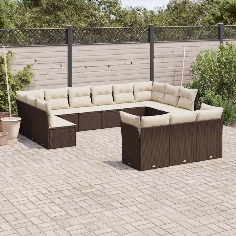 Set di divani da giardino vidaXL 13 pezzi in polyrattan marrone e bianco con cuscini imbottiti e coperture rimovibili
