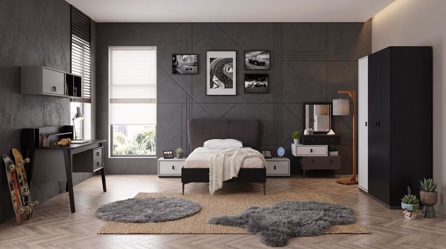 Camera da letto per adolescenti, in bianco e nero, con letto, comodini, armadio e scrivania