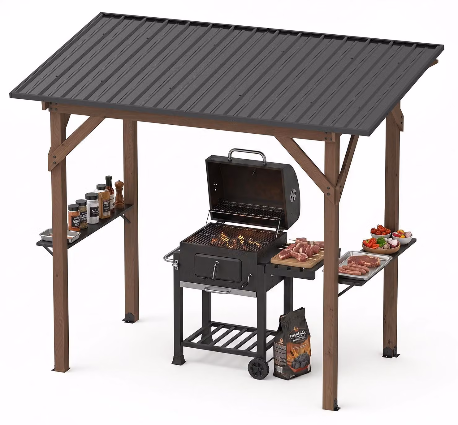 KOMFOTTEU, Gazebo per barbecue, 2,6 x 1,5 m, struttura per barbecue, colore marrone