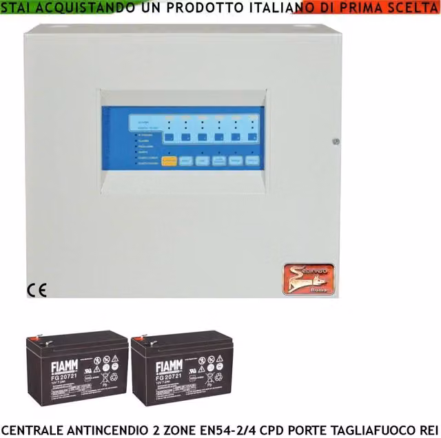 Centrale Antincendio Convenzionale Securvera a 2 Zone con Supporto per 65 Sensori, Gestione Porte REI, Allarme Telefonico e Sirene, inclusa 2 Batterie 12 V 7,2 Ah