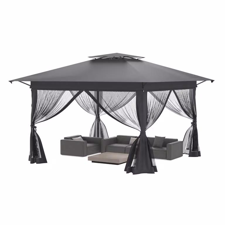 QEENTOE Gazebo pop-up da giardino, 4x4 metri, struttura in metallo con tetto a doppia falda, 4 pannelli laterali con zanzariera, colore antracite, ideale per giardino, feste e bancarelle
