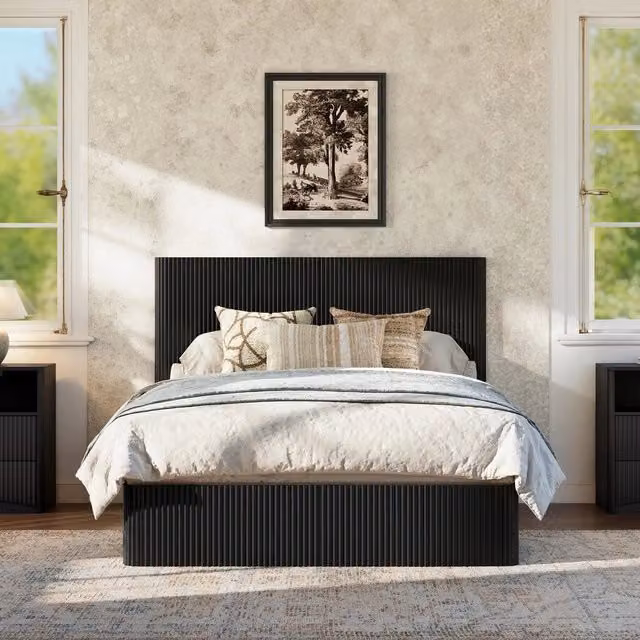 Letto Contenitore con Sollevamento Idraulico ¨C Xylo ¨C Nero, Doghe in Legno Massello, 140x200