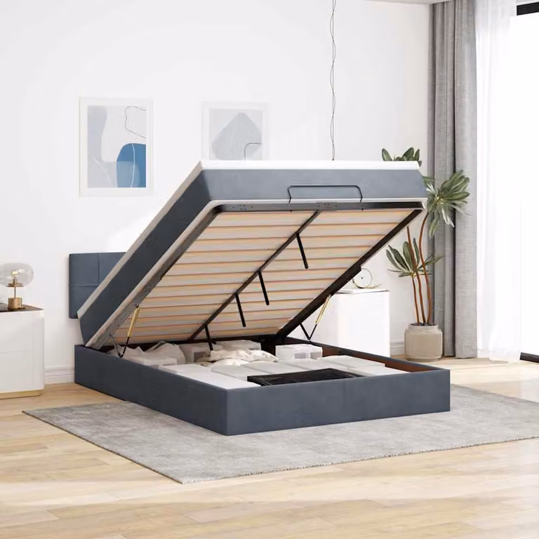 vidaXL Struttura Letto con Materasso e Pouf in Velluto con Base a Sollevamento, Illuminazione Sotto il Letto e Porte USB, L: 144 cm, P: 193 cm, H: 88 cm
