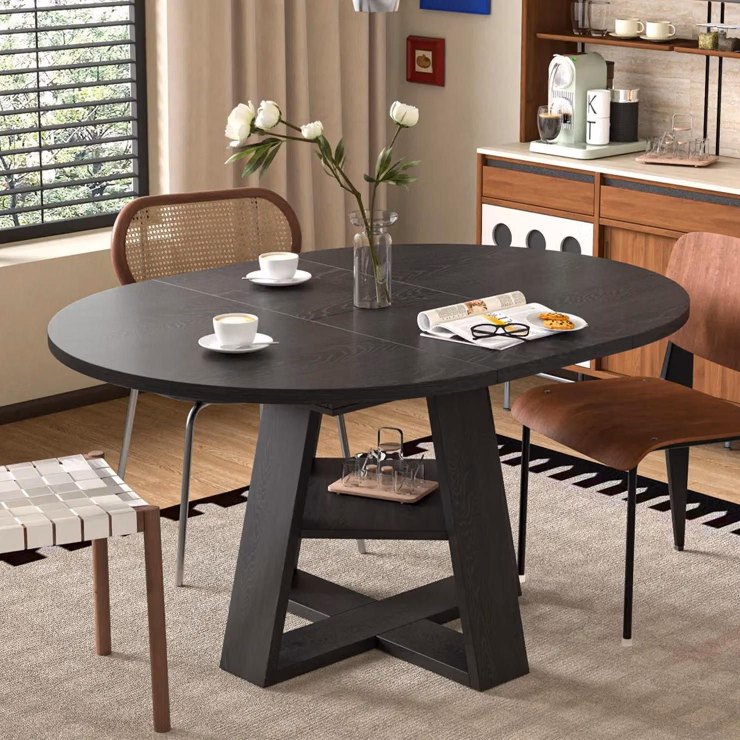 STILVORA: Tavolo allungabile con spazio contenitivo e ripiani, tavolo da pranzo 110/150 x 110 cm per 4-6 persone, tavolo da pranzo rotondo con finitura effetto legno nero