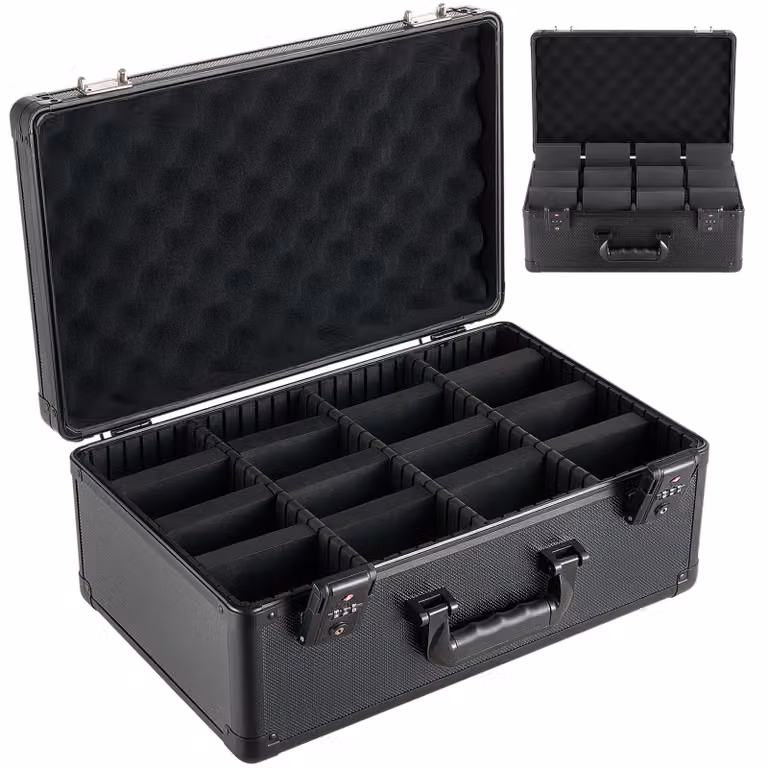 Contenitore per la conservazione di carte collezionabili SucceBuy, adatto per 152 carte PSA-Slab, con spazio per 120 carte SGC, 100 carte BGS, 550 toploader o più di 999 carte sfuse. Dotato di 4 file, 12 scomparti divisori e serratura approvata TSA