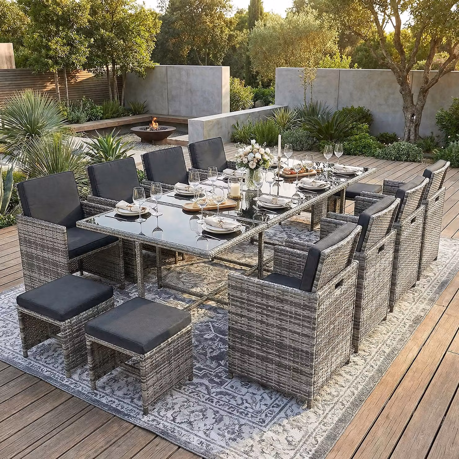 Set di mobili da giardino in polirattan per tavolo da pranzo e salotto Set da giardino da 13 pezzi 1x tavolo + 8x sedie + 4x sgabelli - grigio