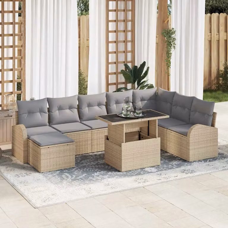 vidaXL Set Divano da Giardino Moderno 9 Pezzi in Polyrattan con Cuscini Beige e Grigio