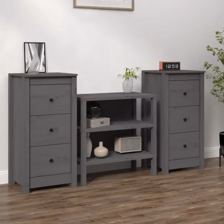 Set di 2 Credenze in Legno Massello di Pino Grigio con Design Rustico L/P/H: 40 x 35 x 80 cm