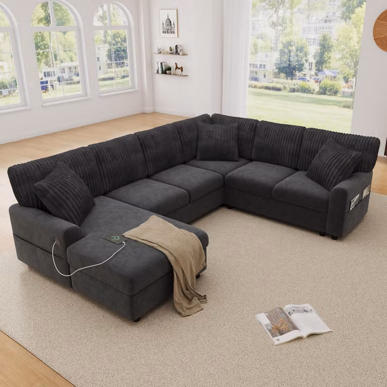 Divano angolare a forma di U in chenille e tessuto tecnico, divano a 6 posti con chaise longue, divano modulare con cuscini, dotato di porta USB e tasche laterali, colore grigio