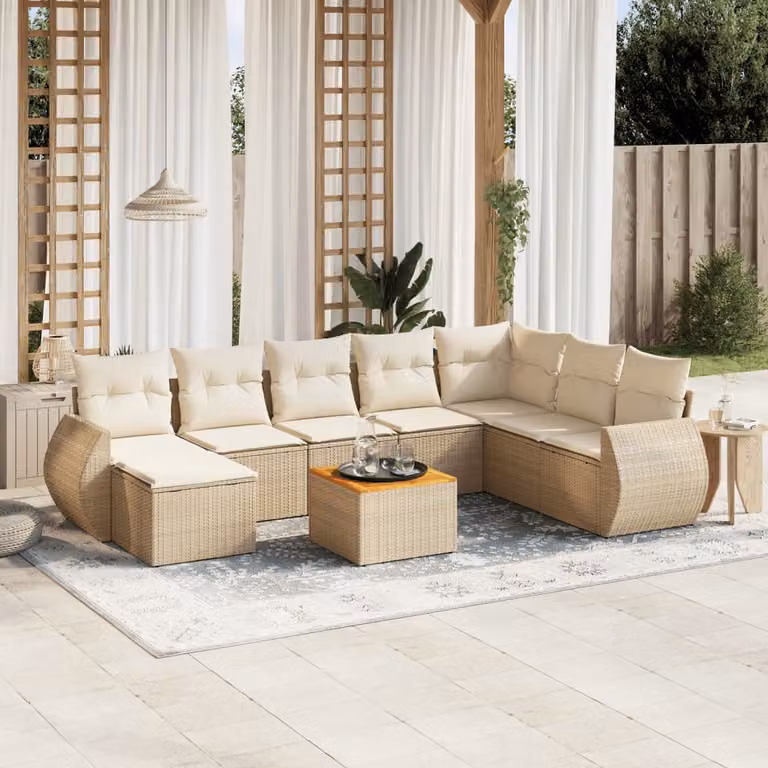 vidaXL Set Divano da Giardino a L in Polyrattan Beige con Cuscini e Tavolino da Esterno