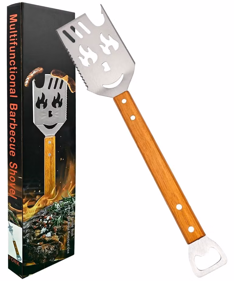 Omgoods - Set di utensili per barbecue con spatola in acciaio inossidabile e manico in legno