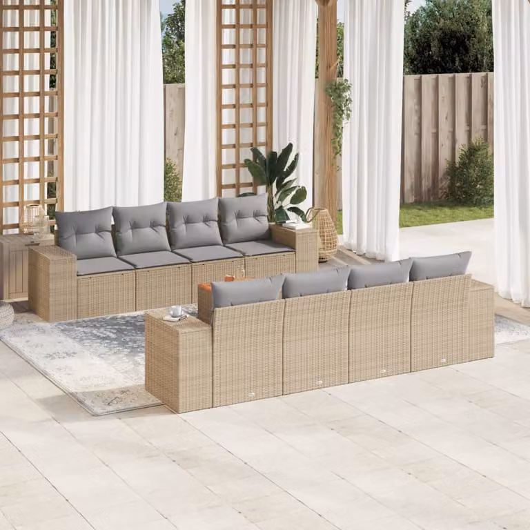 Set Divano da Giardino vidaXL 9 pz con Cuscini Beige e Tavolino, Design Moderno a U in Polyrattan con Struttura in Acciaio Verniciato a Polvere