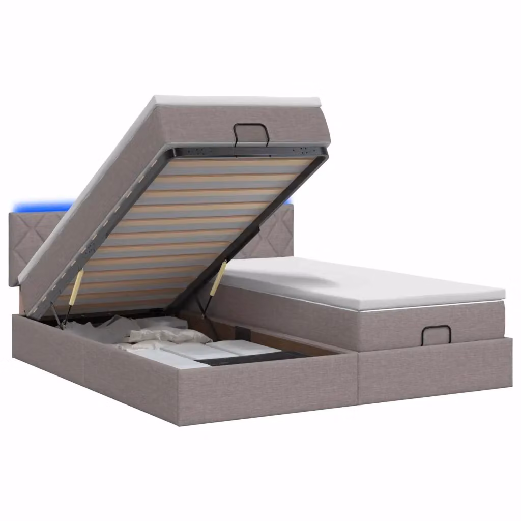 Letto Ottomano con Materasso Ibrido vidaXL in Tessuto Beige e Grigio con Illuminazione LED e Porte USB L/P/H: 203 x 160 x 88 cm – 2