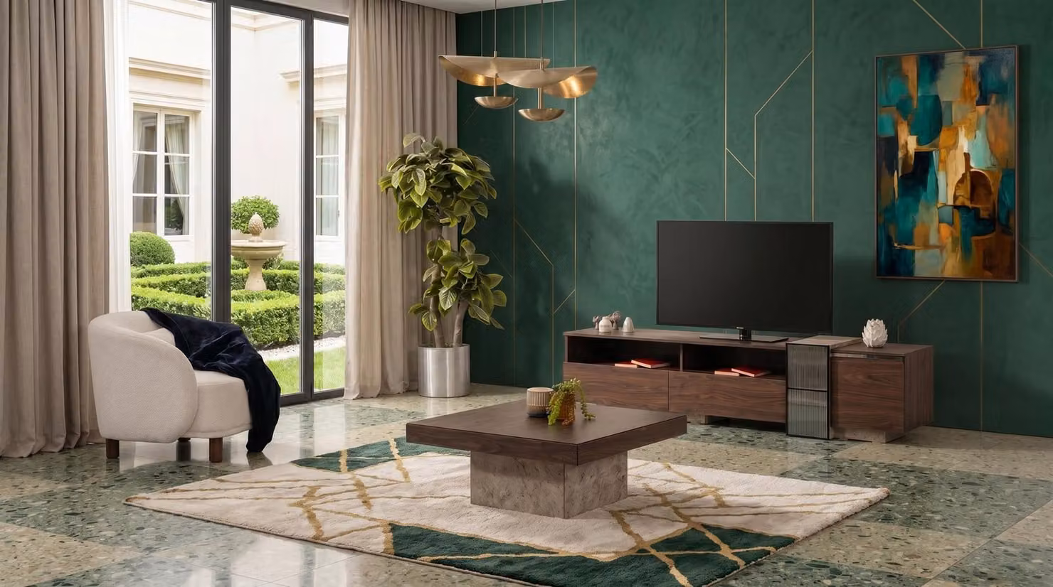 Televisore marrone, mobile TV a basso profilo, tavolino da caffè, soggiorno moderno