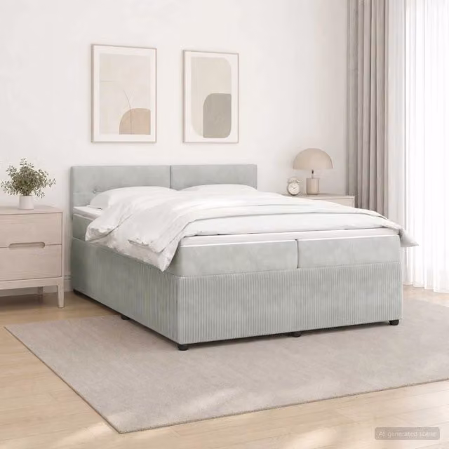 Letto box spring con materasso ibrido vidaXL in tessuto grigio e bianco, con base a sollevamento, illuminazione sottostante e porta USB, L/P: 200 x 200 cm