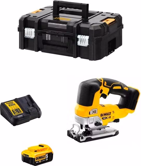 Seghetto Alternativo DeWalt DCS334P1T Giallo con Batteria da 5,0 Ah e Caricabatterie DCB115 e Contenitore TSTAK II