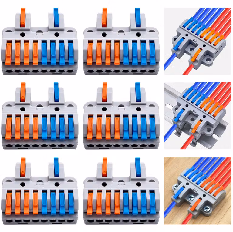 Blocchi di connessione a 2 contatti per 8, connettori per collegamenti a molla, fissaggio su guida DIN e tramite viti