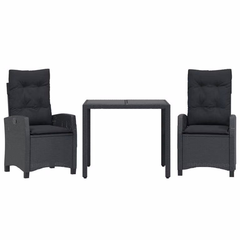 Set da Pranzo da Giardino 3 pz con Cuscini Nero in Polyrattan