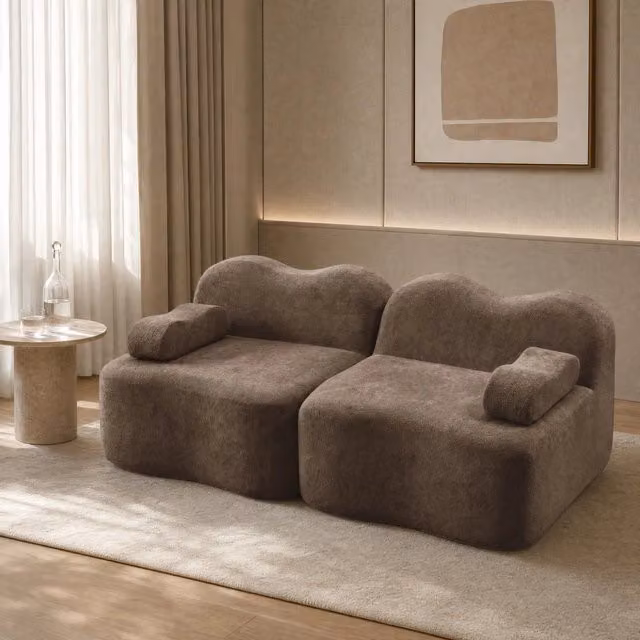 Divano modulare MIVRAY in velluto marrone con pouf coordinato per soggiorno moderno